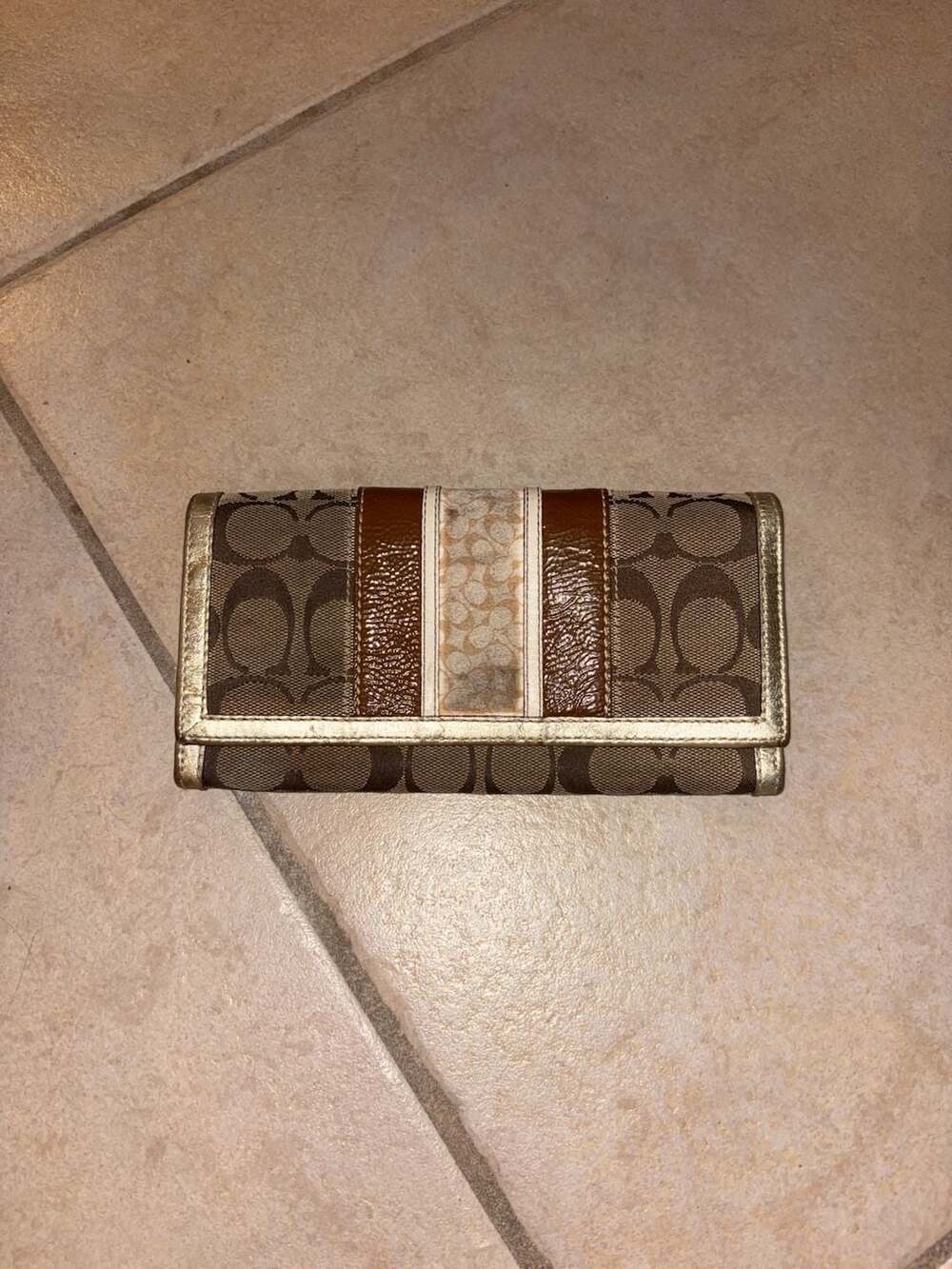 Coach Signature Stripe Slim Envelope Wallet Khaki Brown Gold Metallic Interior - Picture 1 of 7